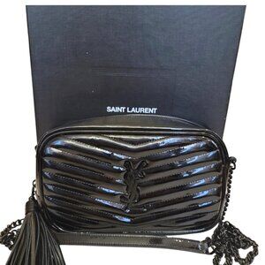 YSL SAINT LAURENT Patent Calfskin Matelassé Monogram Mini Lou Camera Bag Black